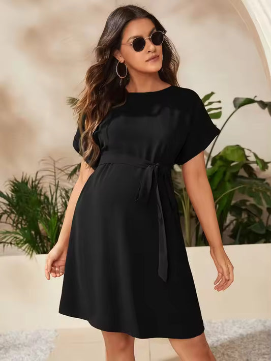 WZ0002  2025 Summer Pregnant Women O Neck Short Sleeve Flap Patched Dress For Premama Clothes Maternity Solid Color Bandage Dresses New